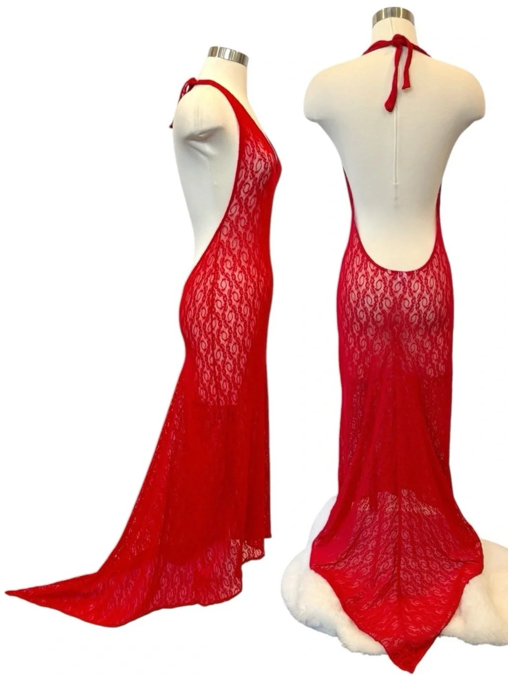 Y2K Victoria’s Secret Red Sheer Stretch Lace Train Vintage Maxi Gown Slip Dress